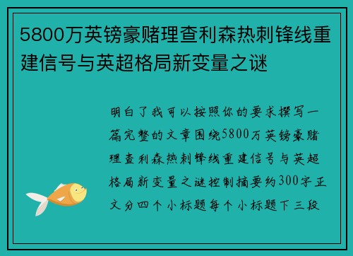 5800万英镑豪赌理查利森热刺锋线重建信号与英超格局新变量之谜 5800万英镑豪赌理查利森热刺锋线重建信号与英超格局新变量之谜