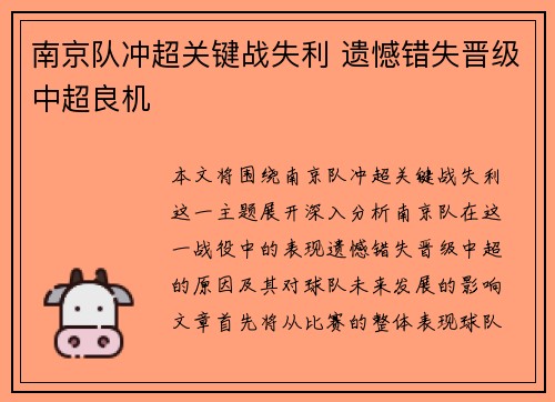 南京队冲超关键战失利 遗憾错失晋级中超良机 南京队冲超关键战失利 遗憾错失晋级中超良机